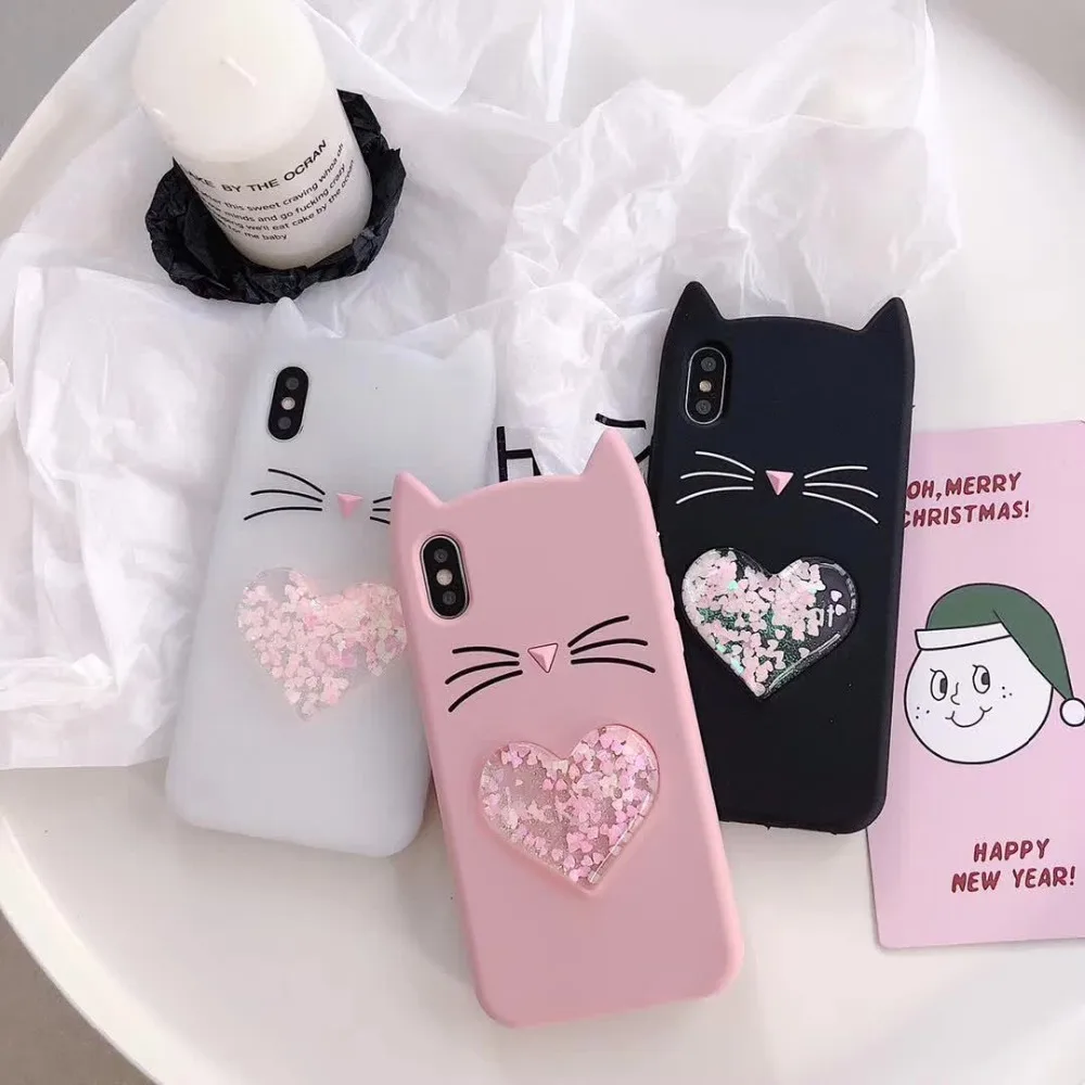 

3D Love quicksand moustache cat cover For iphone7case Cute Cartoon Cat Ear Capinha Case iPhone X 6 6S 7 8 Plus Silicone Fundas