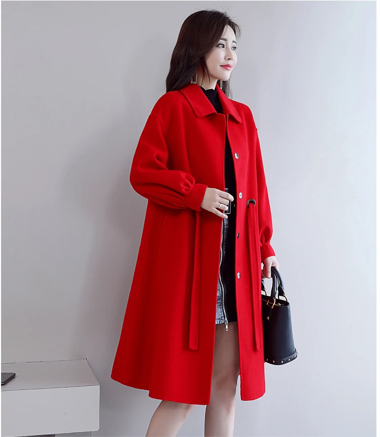 2019 spring new women woolen coat female long section slim versatile tie with solid color woolen coat A87 Parkas