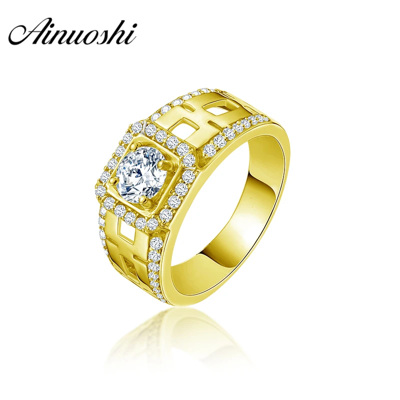 

AINUOSHI 10K Solid Yellow Gold Men Ring Hollow Pattern Square Ring Engagement Wedding Male Jewelry 5.4g Exquisite Wedding Band