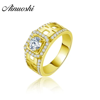 

AINUOSHI 14K Solid Yellow Gold Vintage Ring Hollow Concave Band Sona Diamond Engagement Wedding Male Jewelry Real Gold Men Ring