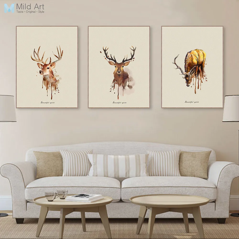 Triptych Watercolor Deer Head A4 Art Wall Prints Poster Cottage