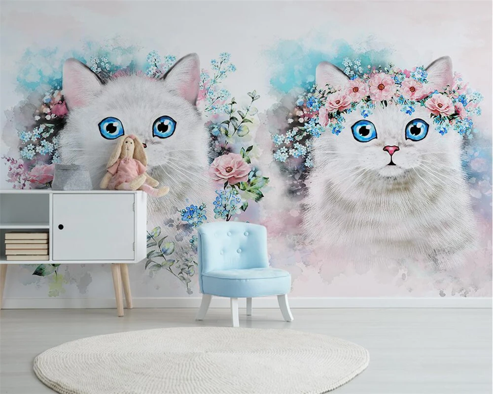 Beibehang Custom wallpaper Nordic Simple Flower Kitty Children's Room Decoration Background Living room Bedroom 3d wallpaper