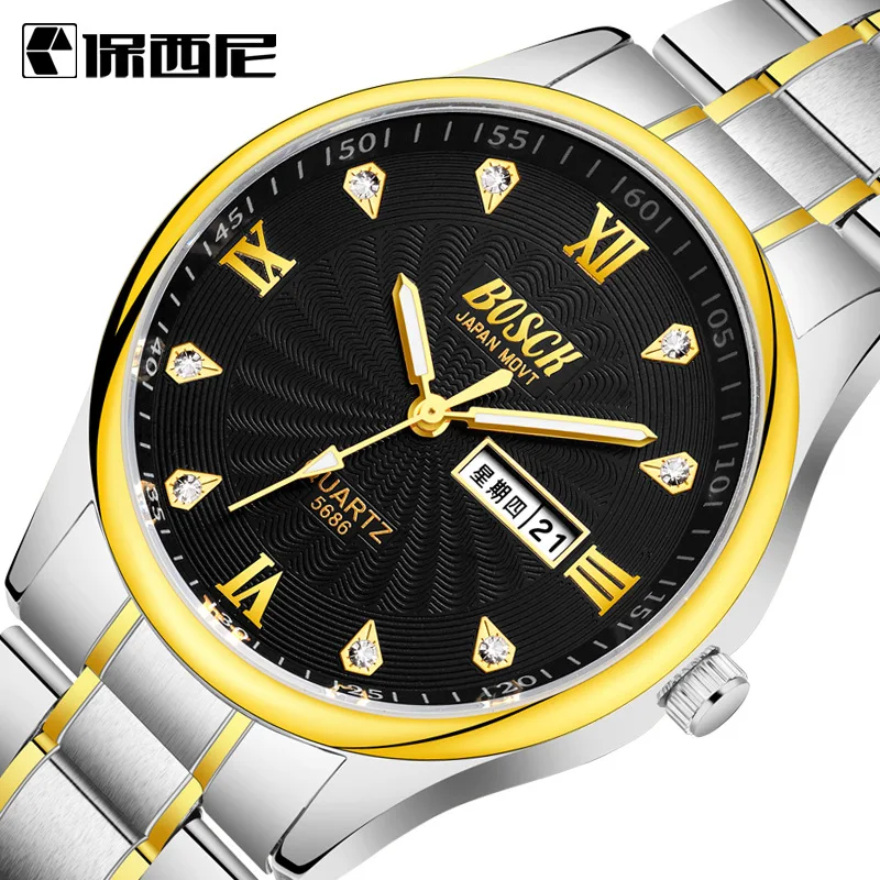 

Golden Stainless Steel Mosaic diamond Watches Men's Business Quartz Date Clock Luminous Waterproof Wrist Watch