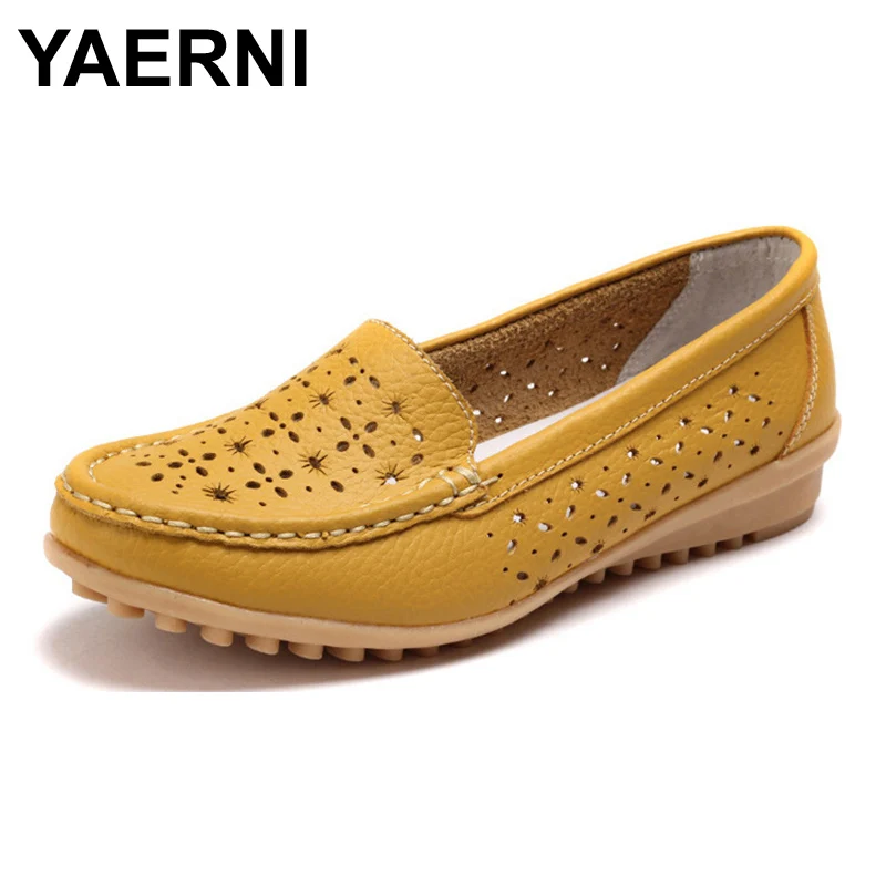 

YAERNI Women Loafers Lady Ballerina Flat Shoes Woman Summer Flats Hollow Out Comfortable Soft Genuine Leather Moccasins BSN-617