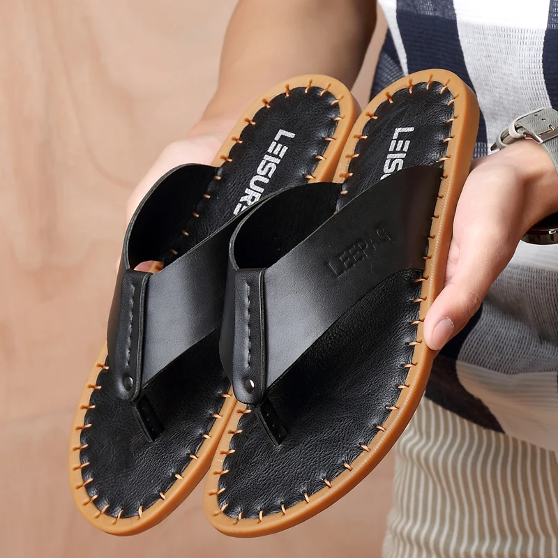 

Brand Men's Flip Flops High Quality Genuine Leather Luxury Slippers Beach Casual Sandals Summer for Men Fashion Shoes New C4