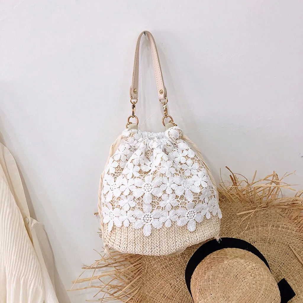 

Women Handbag Summer Beach Flower Straw Bucket Bag Burlap Flap Bags Leaf Decoration Shoulder Bags With Lace сумка женская T