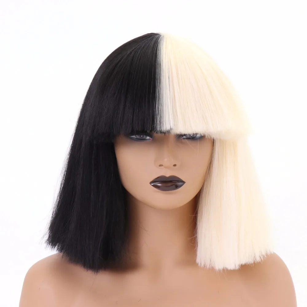 

BESTUNG Cosplay Bob Wigs Half Blonde Black Two Tone Color Natural Synthetic Hair Wigs for Women Singer Costume