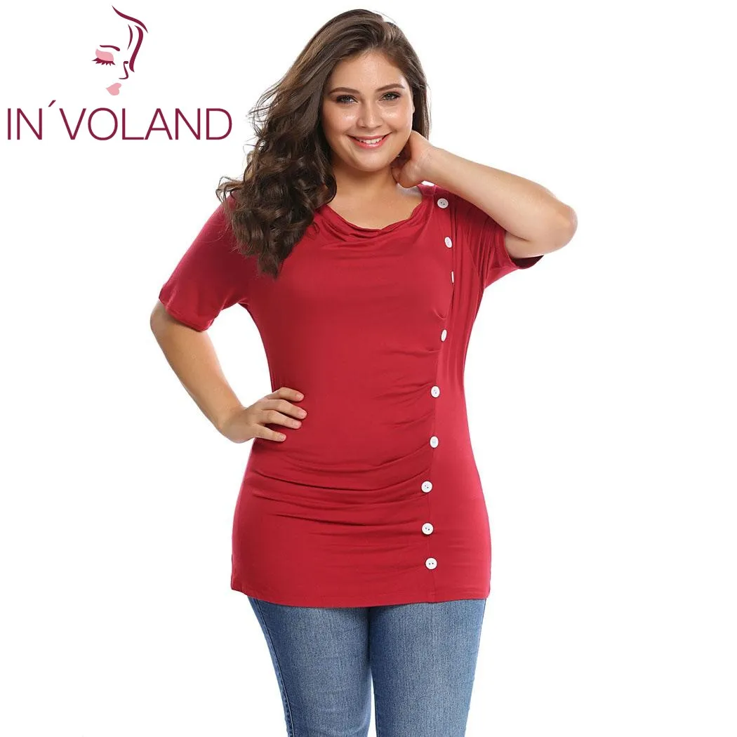 IN'VOLAND Plus Size 5XL Women T-Shirt Tops Draped Cowl Neck Pullovers Short Sleeve Front Button Ruched Tshirt Tees Large | Женская