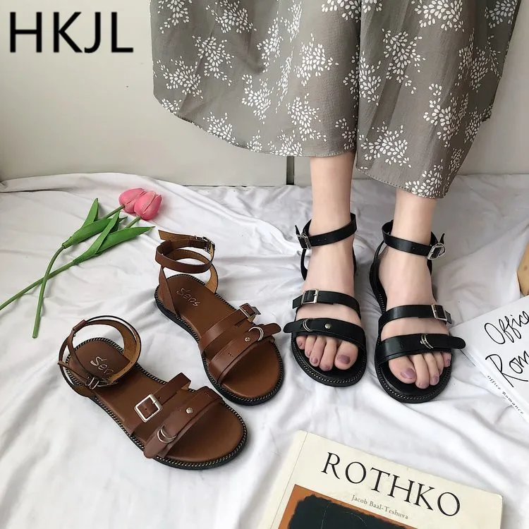 

HKJL One word with sandals shoes female 2019 new students wedges Roman fairy wind flat joker shoes female summer A199