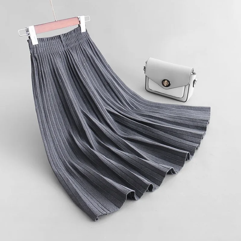 Осенняя Женская трикотажная юбка миди с высокой талией Женская зимняя плиссированная юбка Saia Faldas Женская Длинная Юбка Femme джемпер