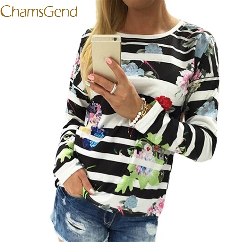 Chamsgend Shirt Newly Design Women Striped Floral Print