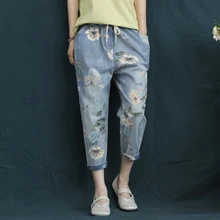 Джинсовые Капри женские летние свободные повседневные джинсы с высокой талией bвинтажный цветочный принт джинсы брюки Капри, гарем