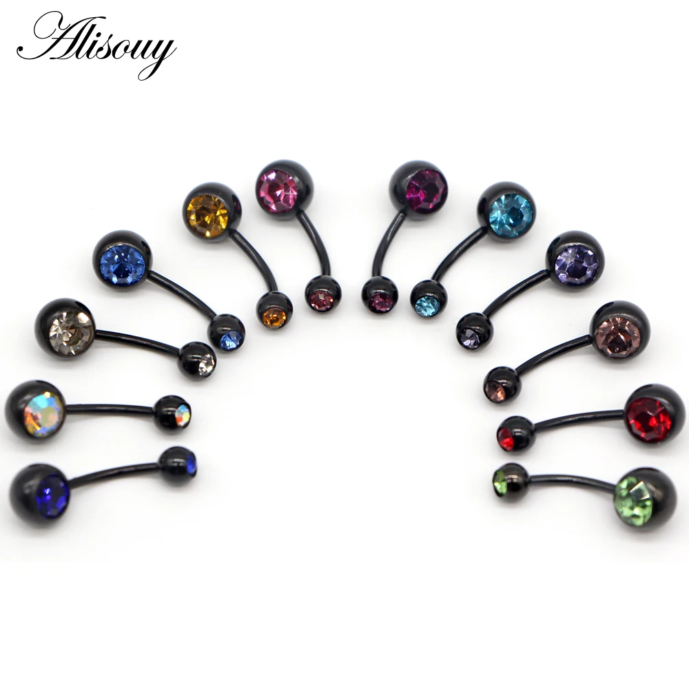 

Alisouy 1 PCS punk 12 Colors Charm Black Stainless Steel Crystal Ring Body Piercing Jewelry Navel Belly Button jewelry for women