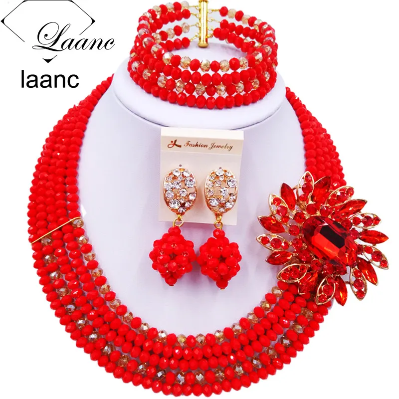 

Laanc Latest Opaque Red Gold AB Crystal Beads African Jewelry Set for Nigerian Wedding C5RST053