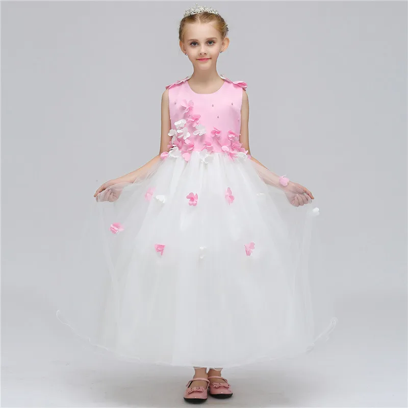 

New Formal Cute Girls Princess Flower Long Dress Sleeveless Child Birthday Party Tulle Floral Performance Dresses Cloth 12 Years