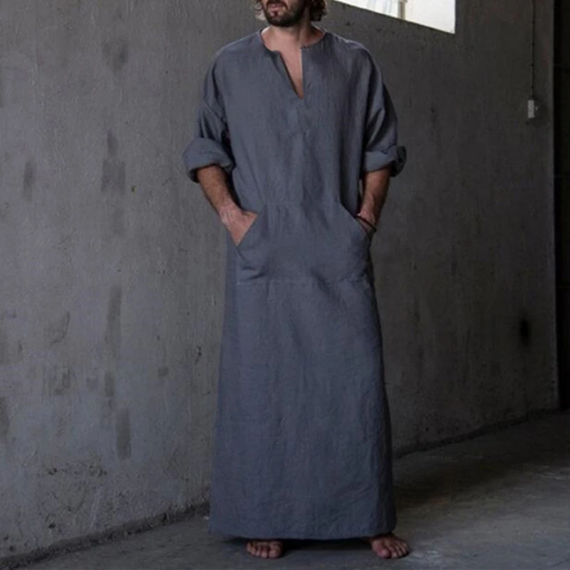 Men Islamic Kaftan Robe Long Sleeve Pockets V neck Cotton Pajamas