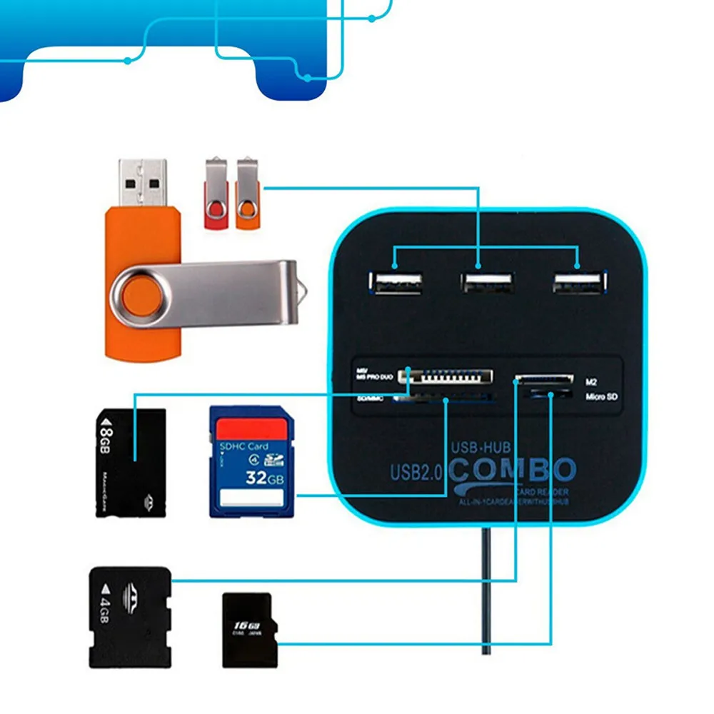 Del USB 2,0 концентратор Combo все в одном устройство для чтения карт памяти с 3 Порты для MMC/M2/MS td1030 Перевозка груза падения