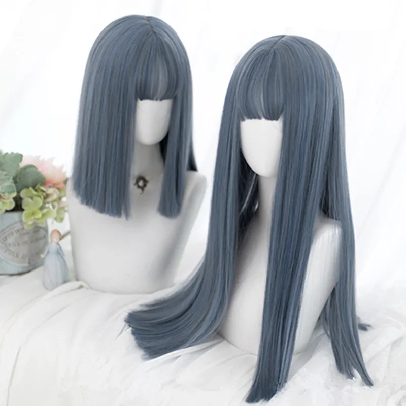 

CosplaySalon H762449 Lolita 36CM/60CM Short Long Bangs Grey Blue Straight Doll Japan Cute Ladies Synthetic Hair Cosplay Wig+Cap