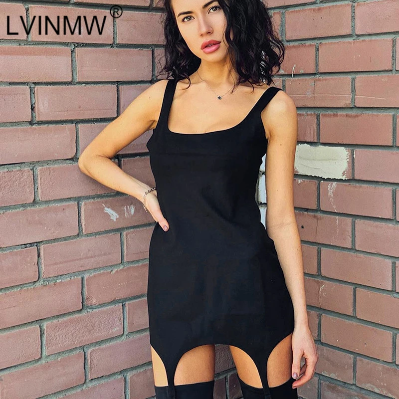 

LVINMW Casual Solid Square Collar Low Cut Bodycon Dress Summer Women Sleeveless Elastic Slim Mini Dress Female Vacation Clothes