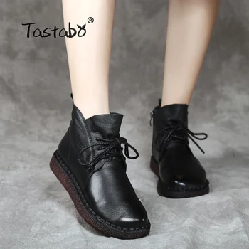 

Tastabo Lace-up Women Genuine Leather Ankle Shoes Flat with Vintage Lady Shoes Retro Solid Black Ankle Boots for Women