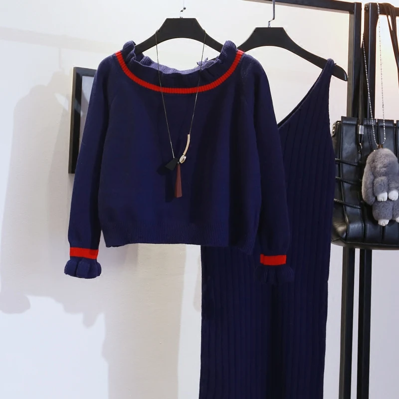 

fashion two-pieces women sweater sets 2018 winter new solid ruffles all-match slim lady elegant sexy dress suits
