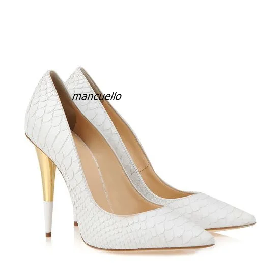

Concise Design White PU Leather Snakeskin Heels Sexy Snakeskin Pointy Slip-on Spike Heel Pumps Retro Date Party Dress Shoes