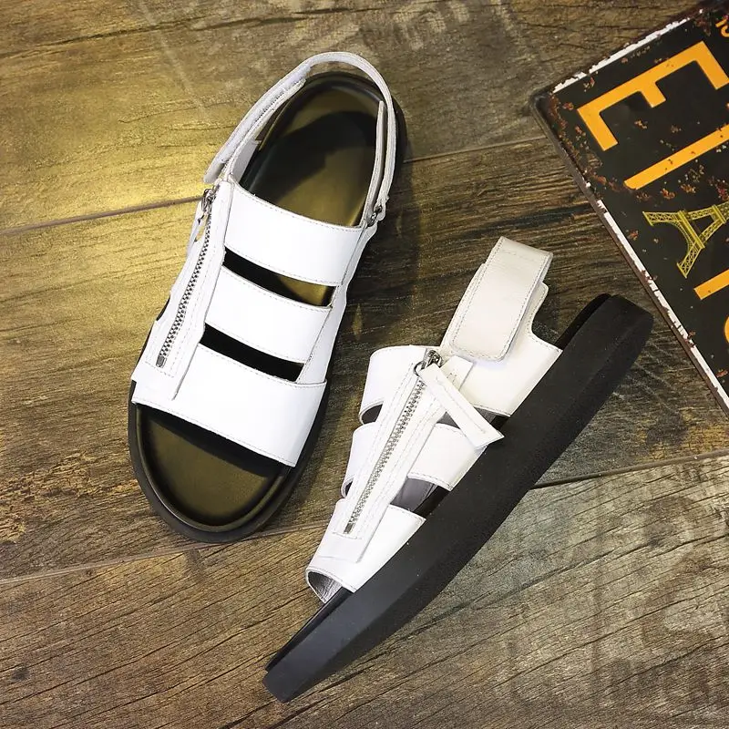 Белый черный для отдыха Sandalias плоский каблук молния из коровьей кожи летние пляжные гладиаторы в римском стиле Стиль