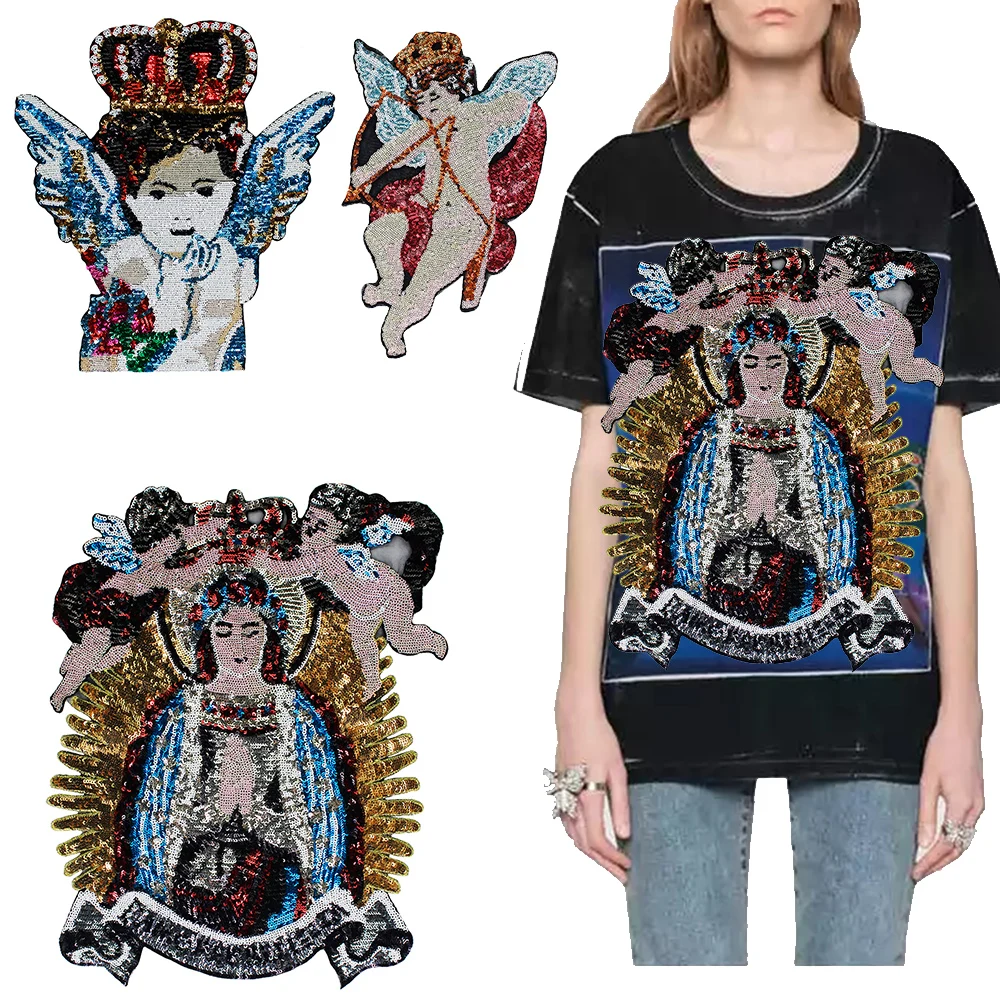 

1pc Sequined Patches Crown Angel Wings Large Goddess Cupid Arrow Sew on T-shirt Jacket Fashion Badge Applique Accessories TH1092