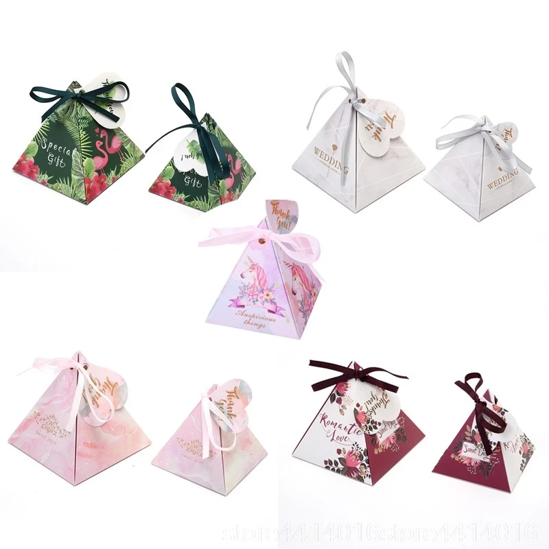 

50PCS Multiple Styles Pyramid With Ribbon Sweet Box Wedding Favors Candy Boxes Gift Box Birthday Party Supplies 2019 6l