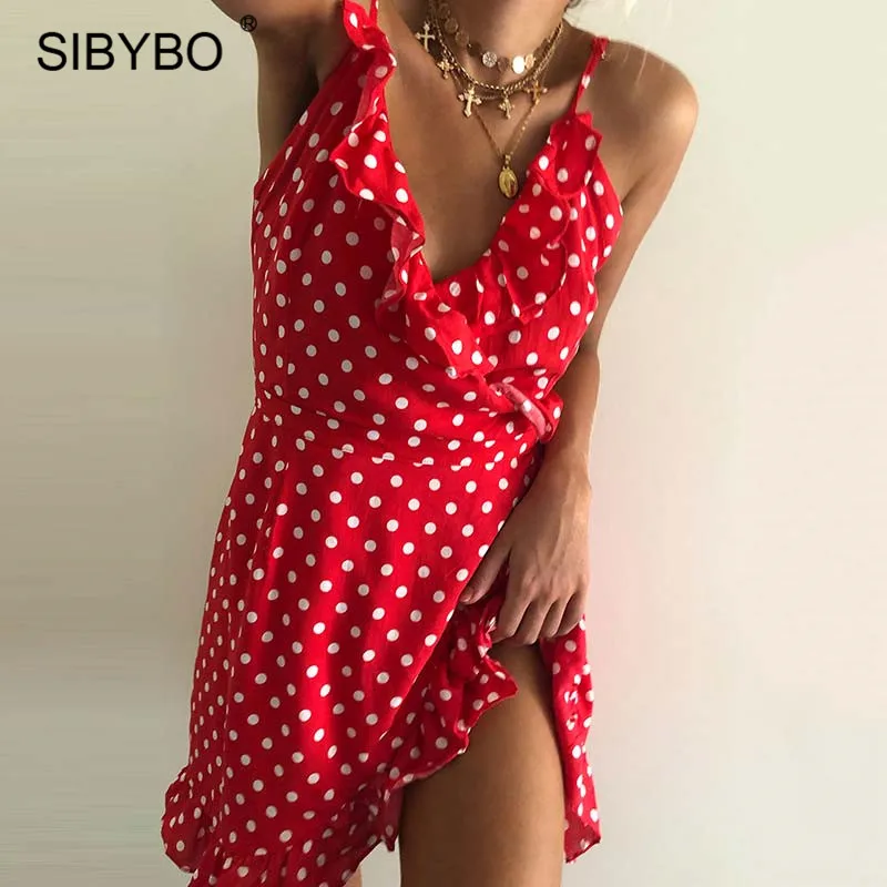 SIBYBO летнее женское платье красного цвета с оборками в горошек,, повседневное, Деревенское, бохо, высокая талия, сексуальное мини-платье на бретелях, пляжные платья - Цвет: Красный