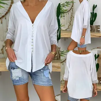 

Women Summer V Neck Three Quarter Sleeve Bagggy Loose Button Tops Blouse Plus Size