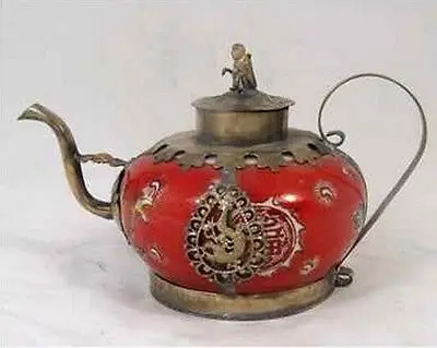 

Unique Tibetan silver carved leopard butterfly red porcelain teapot Garden Decoration 100% real Tibetan Silver Brass
