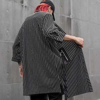 

Men Punk Gothic Half Sleeve Shirt Casual Long Striped Shirt Cardigan Coat Male Streetwear Hip Hop Singer Stage Clothes