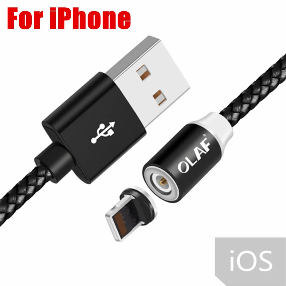 Black for iPhone Олаф 2 м 1 м Магнитный кабель в оплетке светодиодный USB C Тип C Micro USB кабель магнитные кабели для зарядки для iPhone samsung Xiaomi телефонный шнур - Цвет: Black for iPhone