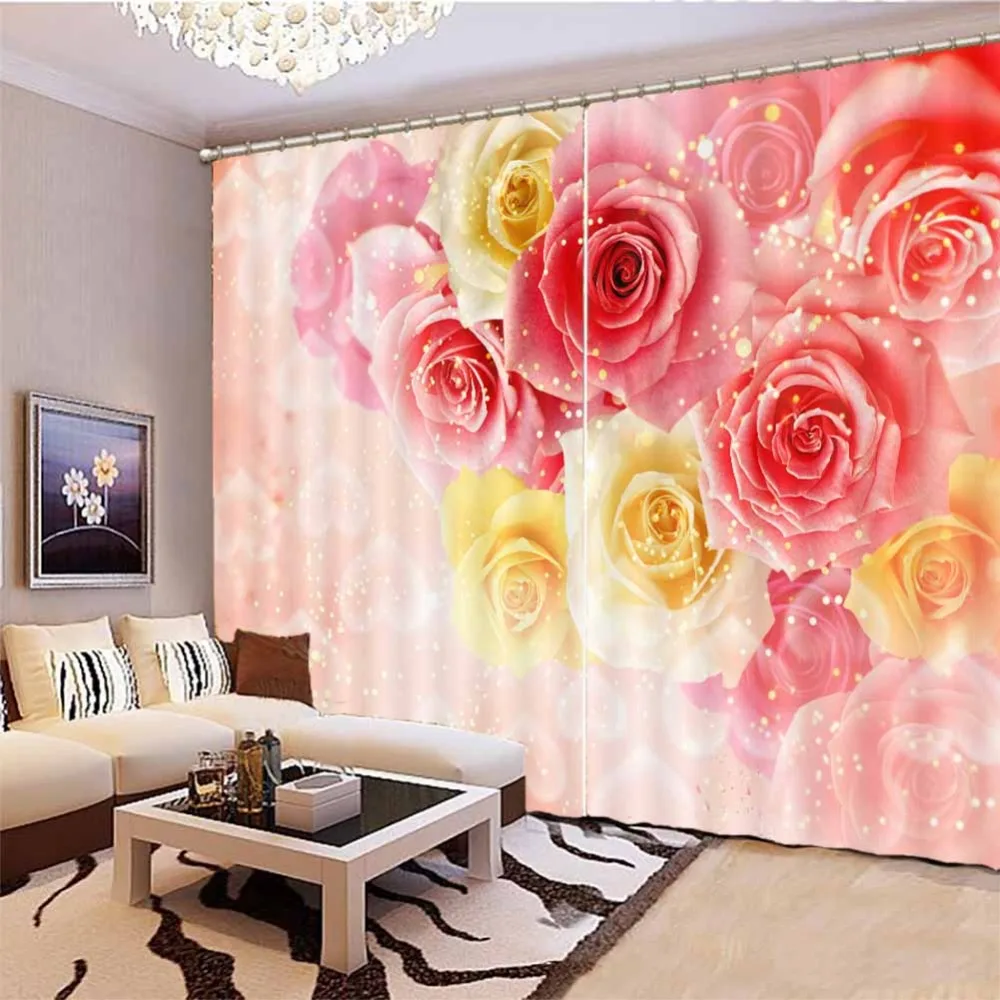 

Manufacturers sell hot pink romantic roses 3D Curtains For Bedroom Kids Living Room Drapes Fabric Polyester Set with Hooks