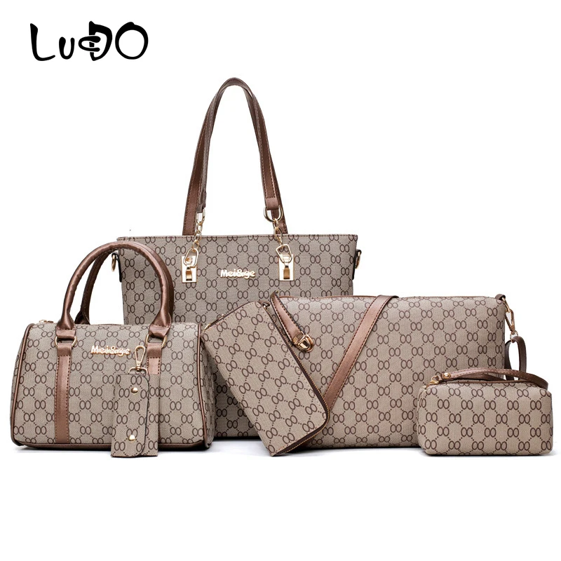 Beste LUCDO 6 stks set Tassen Vrouwen Handtassen Lederen Schoudertassen Bakken Clutch Bag Vrouwelijke Portemonnees Sleutelhouder Designer Sac A Main femme