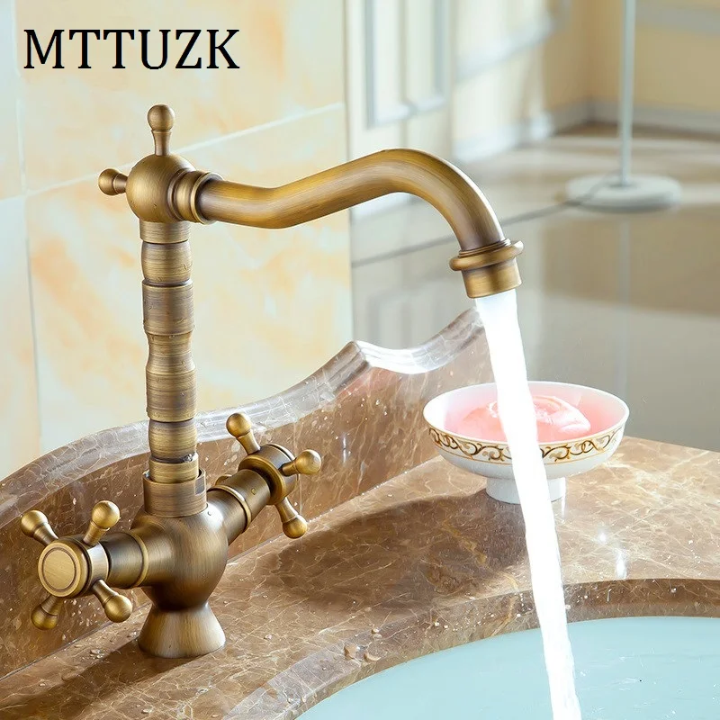 Mttuzk античная латунь бассейна кран двойная ручка одно отверстие горячей и холодной смеситель для кухни умывальник кран Бесплатная доставка