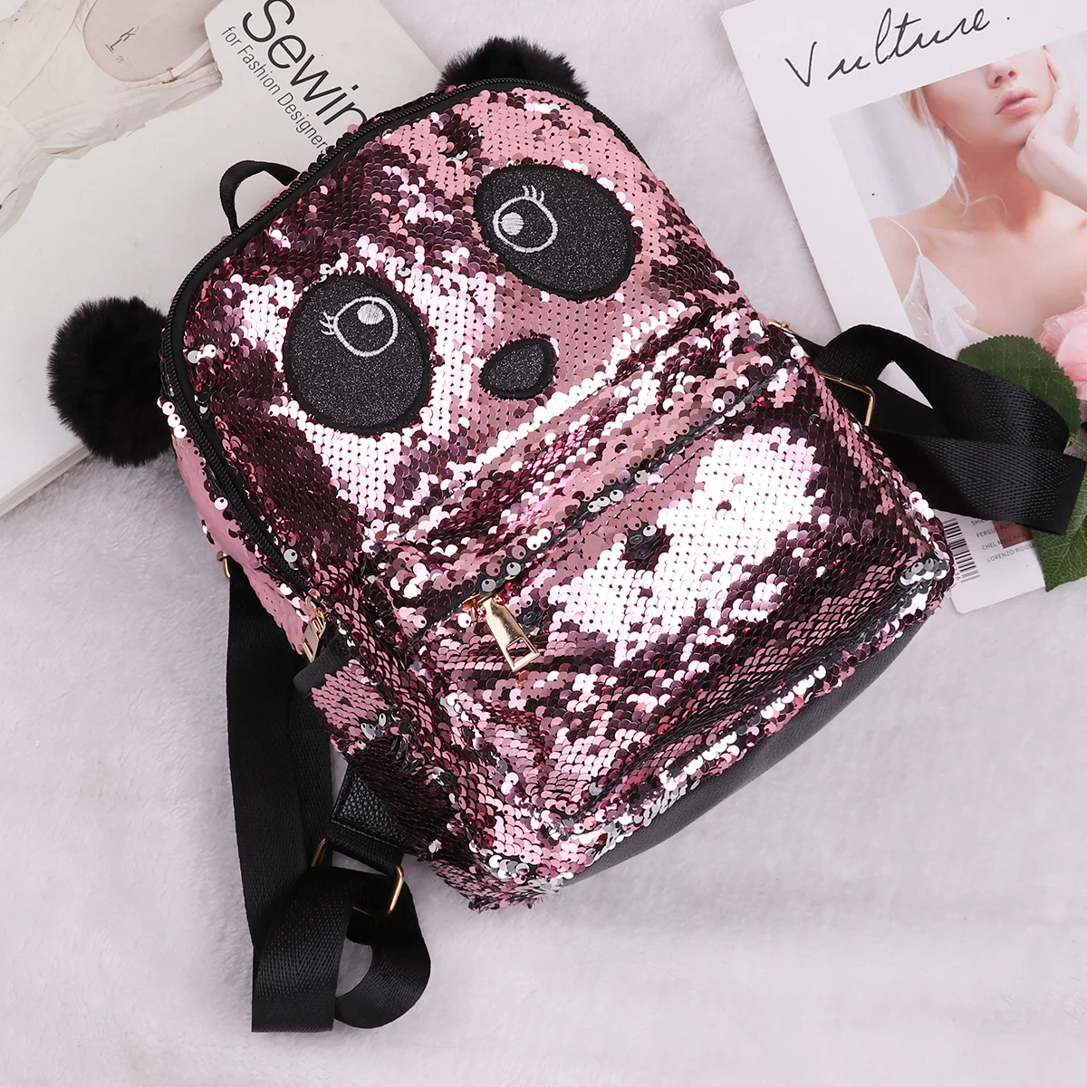 

Women Girls Cute Cartoon Animal Panda Fashion Dazzling Glittery Sequins PU Backpack Day pack Shoulder Travel Schoolbag Satchel