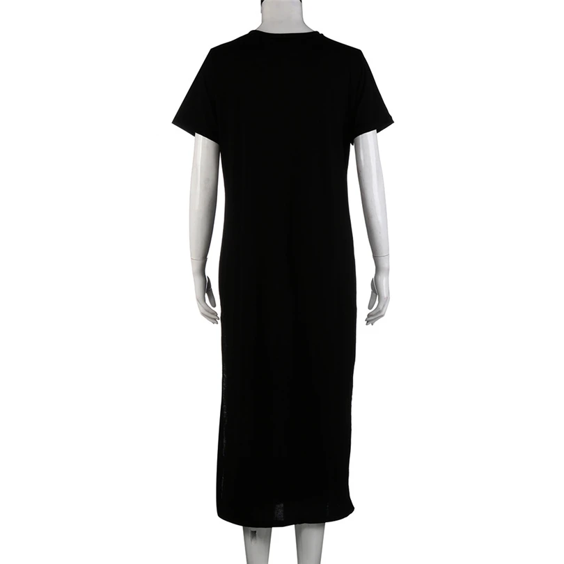  Women Summer Sexy Side High Slit Black Short Sleeves Dress Daily Ladies Dress Casual Fashion Long Beach Dress #4M15 (3)