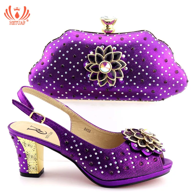

New 2019 Purple Color African Design Shoes And matching Bag Italian Style High Heels Shoes And Bag Set For Party Wedding Sandals