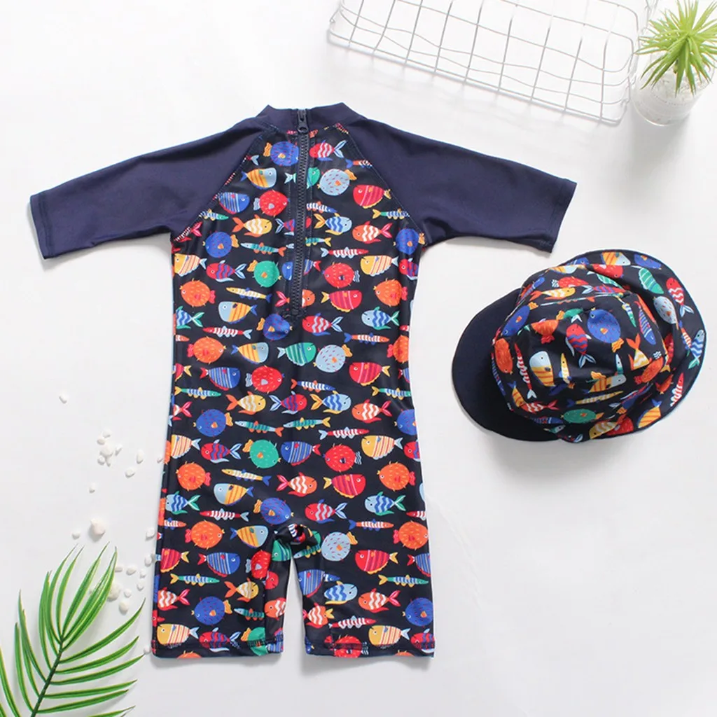 

Children Kids Boys Girls Cartoon Fish Print One Piece Swimsuit+Hat Swimwear Sets