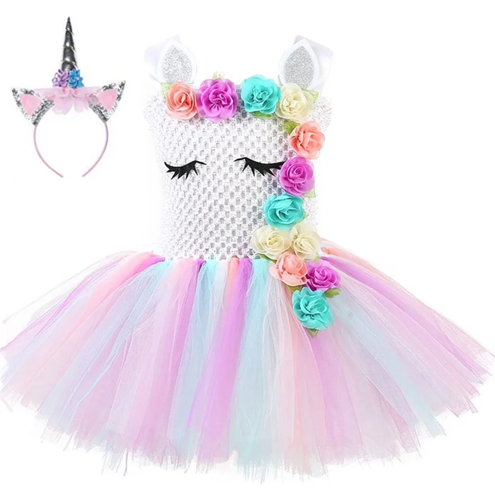 

Flower Girls Unicorn Tutu Dress Rainbow Princess Girls Birthday Party Dresses Children Kids Halloween Unicorn Costume