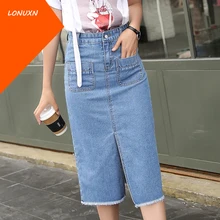 2 цвета, высокое качество, летняя новинка, Европейская и американская юбка до юбки джинсовые с разрезом, женские юбки до бедра, длинная юбка