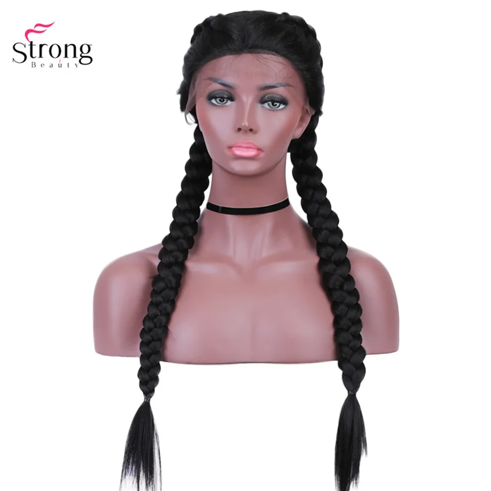 Strongbeauty Two French Braid Hairstyles Lace Front Wigs For Women Synthetic Lace Wig Long Black With Baby Hair