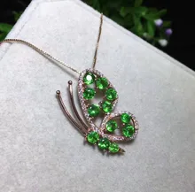 Natural Tsavorite tourmaline pendant S925 silver Natural green garnet Pendant Necklace trendy lovely butterfly women jewelry