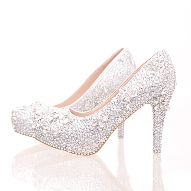 

Silver Rhinestone Gorgeous Cinderella Crystal Shoes Stiletto Platform Shoes The Bride Dress Shoes Graudation Party Prom Shoes