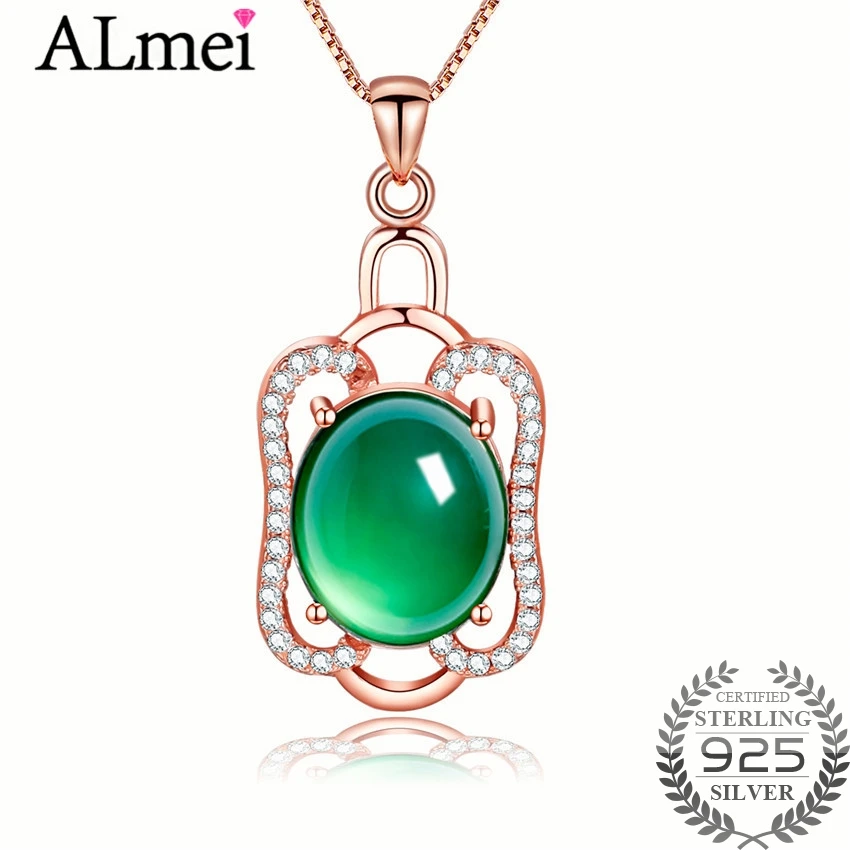 

Almei 4ct Chalcedony 925 Sterling Silver Pendant Necklaces with Shiny Green Cat's Eye Stone for Women Jewelry FN081