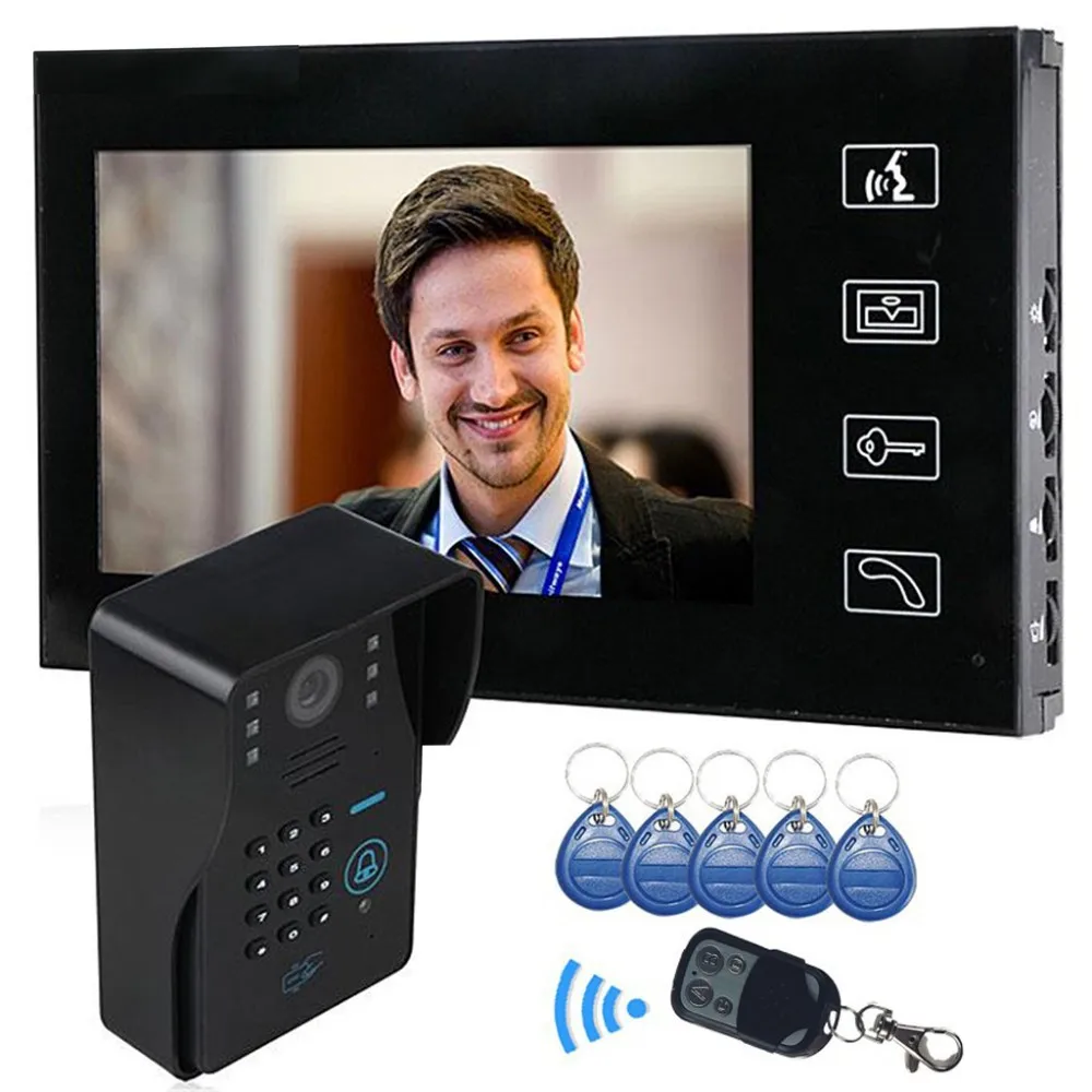7 Inch Screen Video Door Phone Intercom System Password Code Keypad Camera 5pcs ID Card Remote controller Video Doorbell Kit