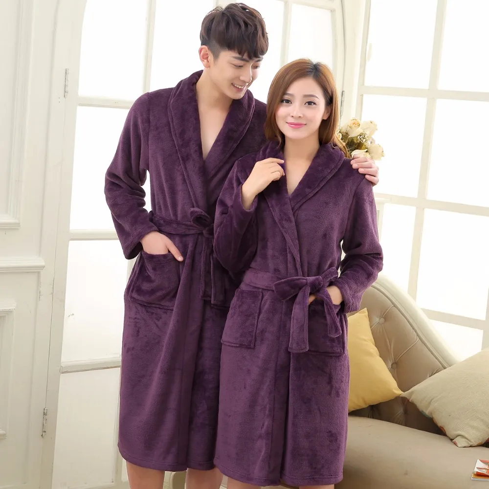 Любители платье для Для мужчин и Для женщин теплые супер мягкие фланелевые коралловый флис длинный банный халат Для мужчин s кимоно халат