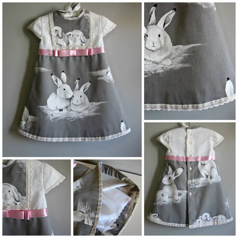 

2019 Summer Rabbit Pattern Baby Girls Dress Grey Rabbit Print Party Boutique Blue Dress for Girls Pink Bowknot Clothes